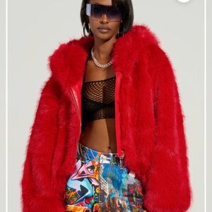 AKIRA Look At Me Now Hooded Faux Fur Red Bomber Coat s/m small medium Jacket